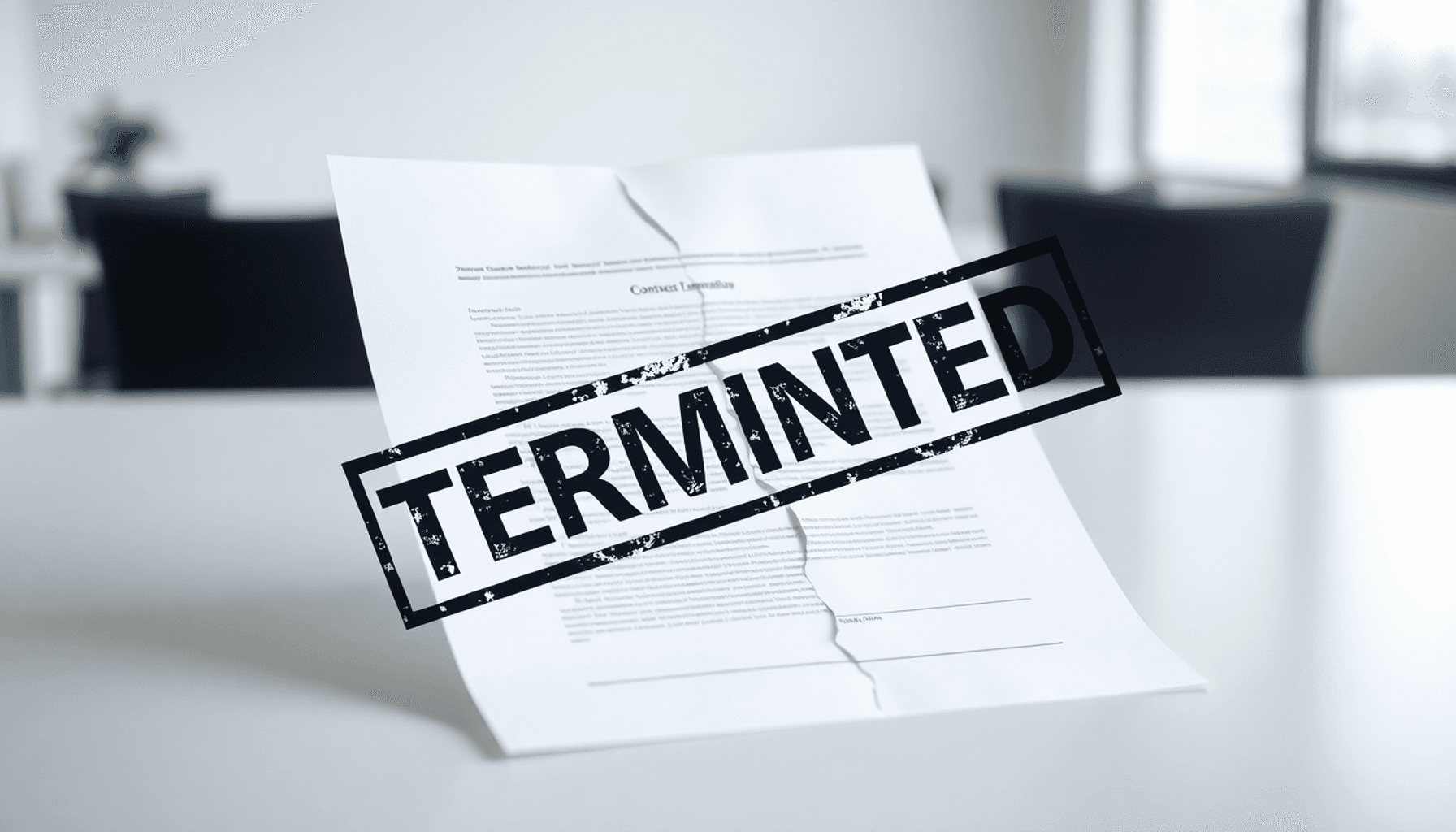 A minimalist image of a torn contract document on a smooth surface, featuring a prominent "terminated" stamp, with a softly blurred professional of...