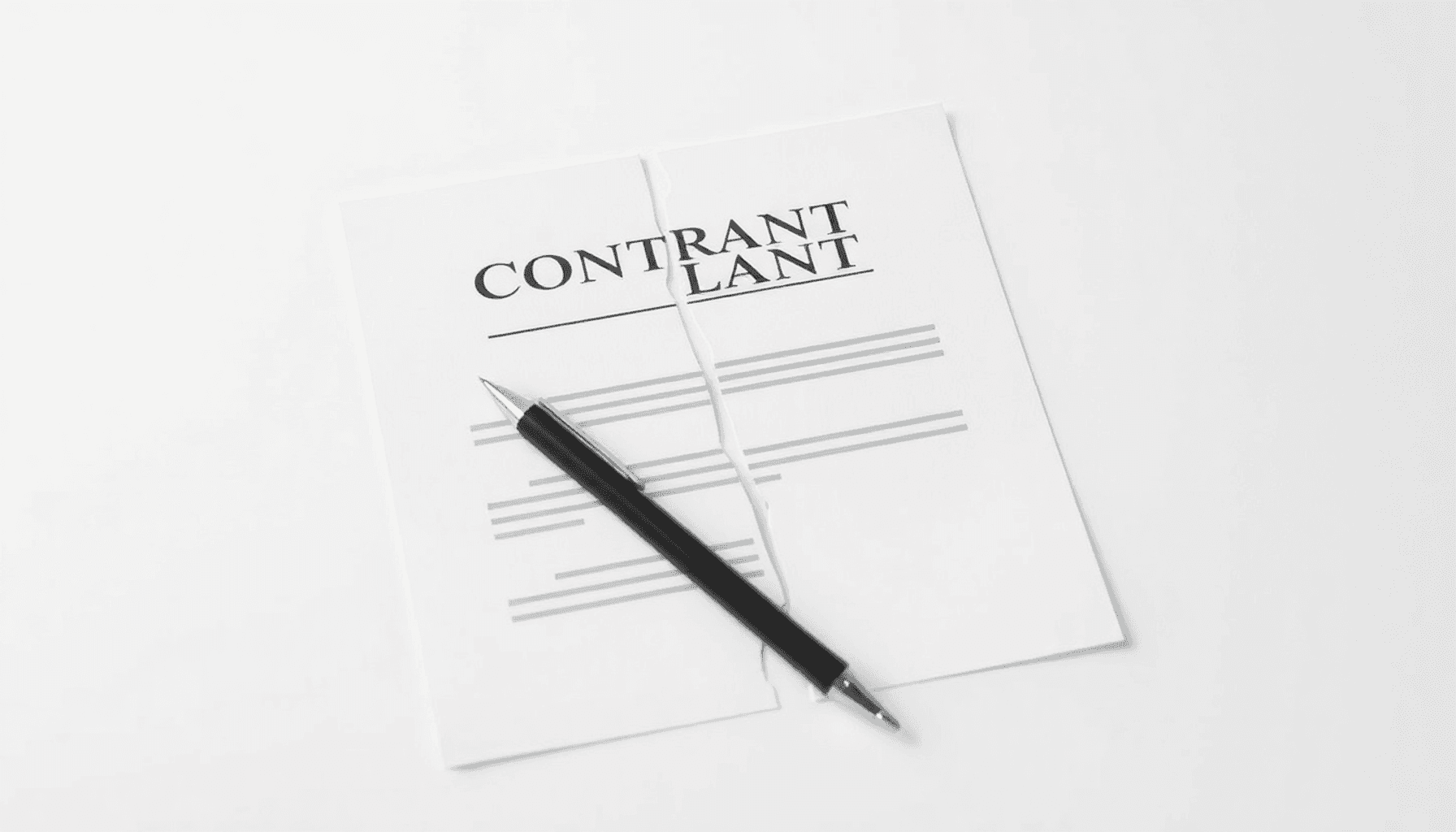 A minimalist image of a torn contract document with a pen beside it, set against a simple, soft-colored background, symbolizing contract termination.