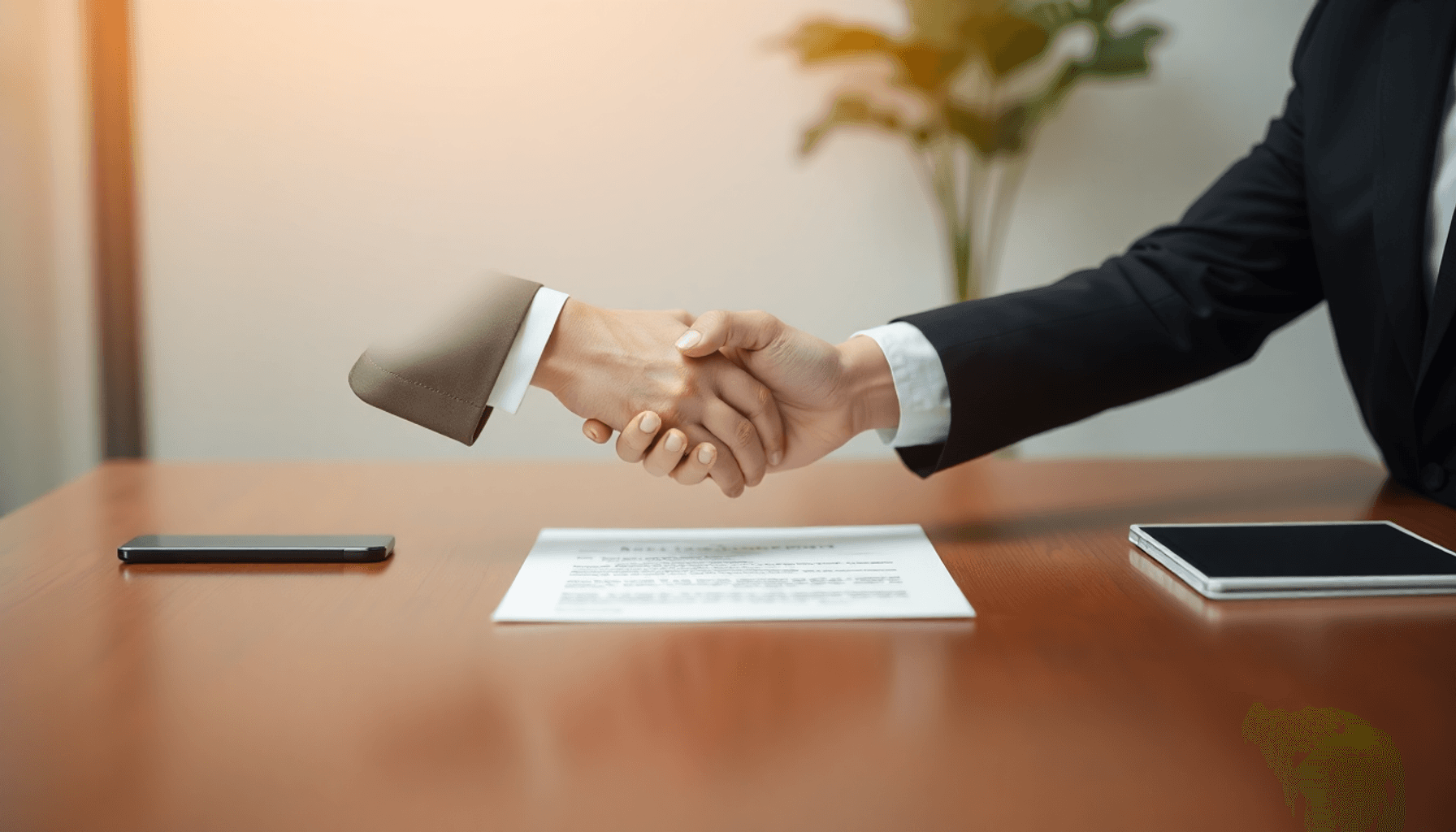 A minimalist image showing two hands shaking over a blurred contract on a table, symbolizing successful negotiation and collaboration in a professi...