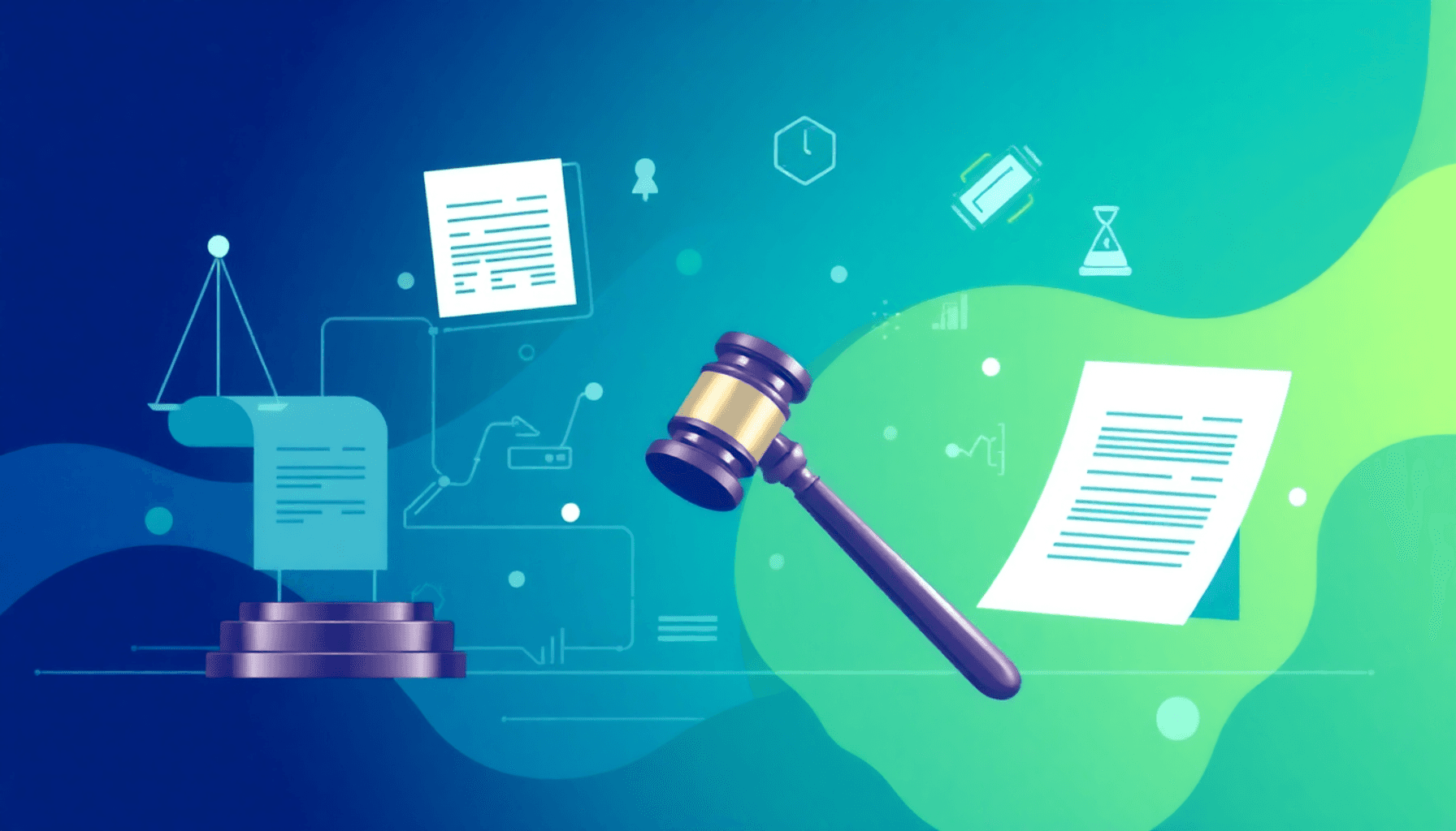 An abstract representation of AI in the legal industry, featuring a gavel, legal documents, and digital motifs in blue and green colors, symbolizin...